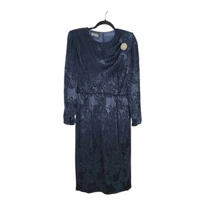 Vintage Ursula Of Switzerland Dress Women's Sz 8 Jacquard Florals Midnight Blue